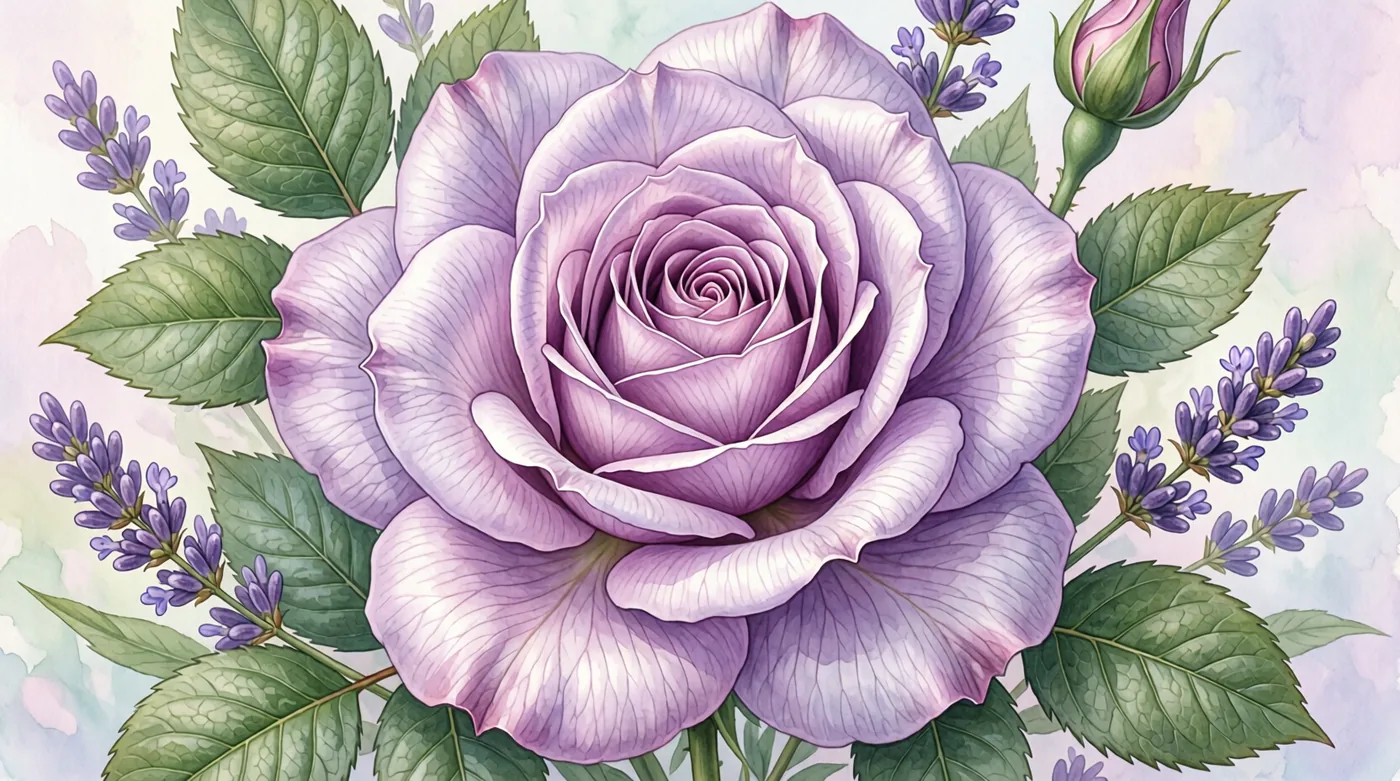 A hand-painted lavender rose surrounded by leaves